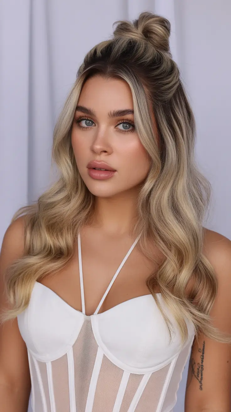 Stylish hair ideas 2026 Half-Up Twist With Hollywood Waves
