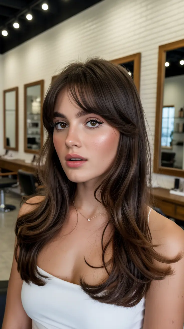 Stylish hairstyles for thin hair 2026 Glossy Brunette Layers with Curtain Bangs