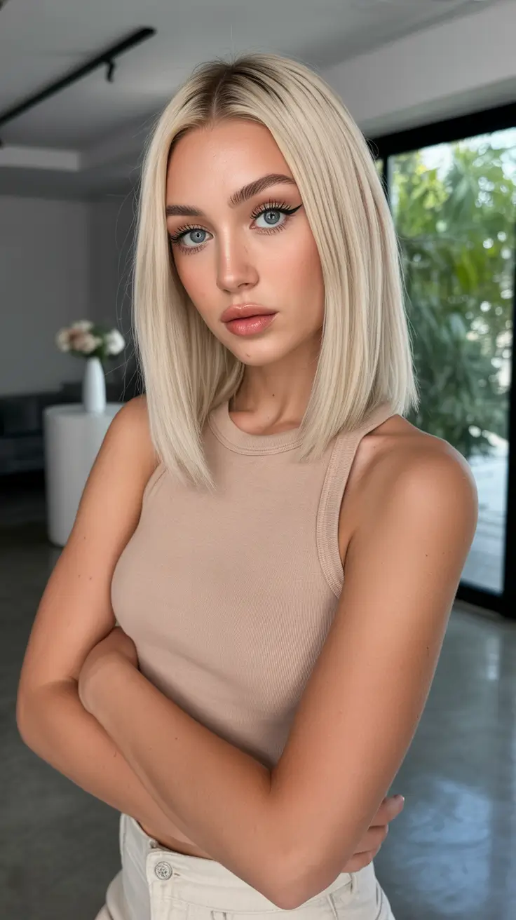 Stylish hairstyles for thin hair 2026 Icy Blonde Lob with Clean Lines