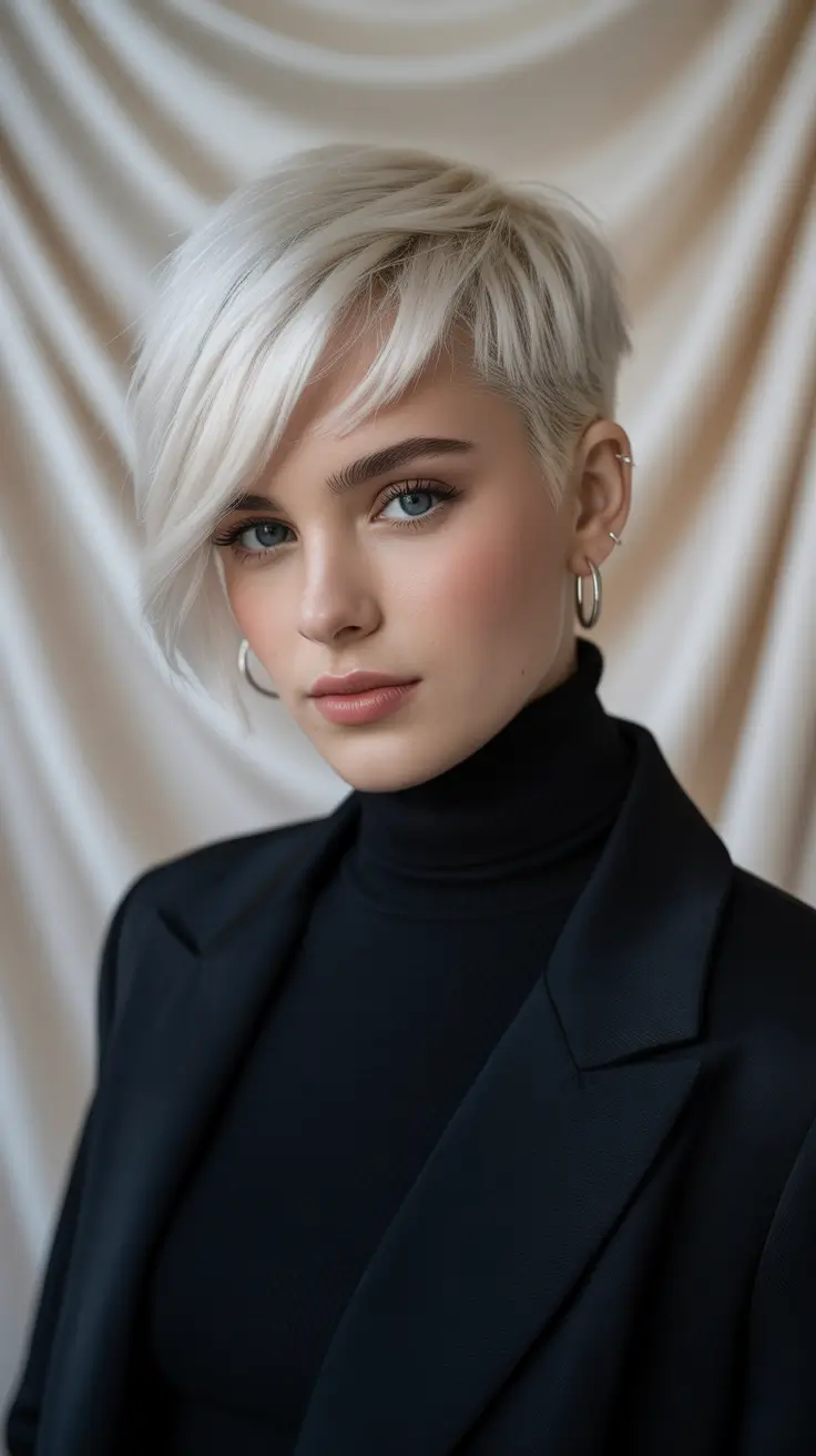 Stylish hairstyles for thin hair 2026 Platinum Pixie with Side Sweep
