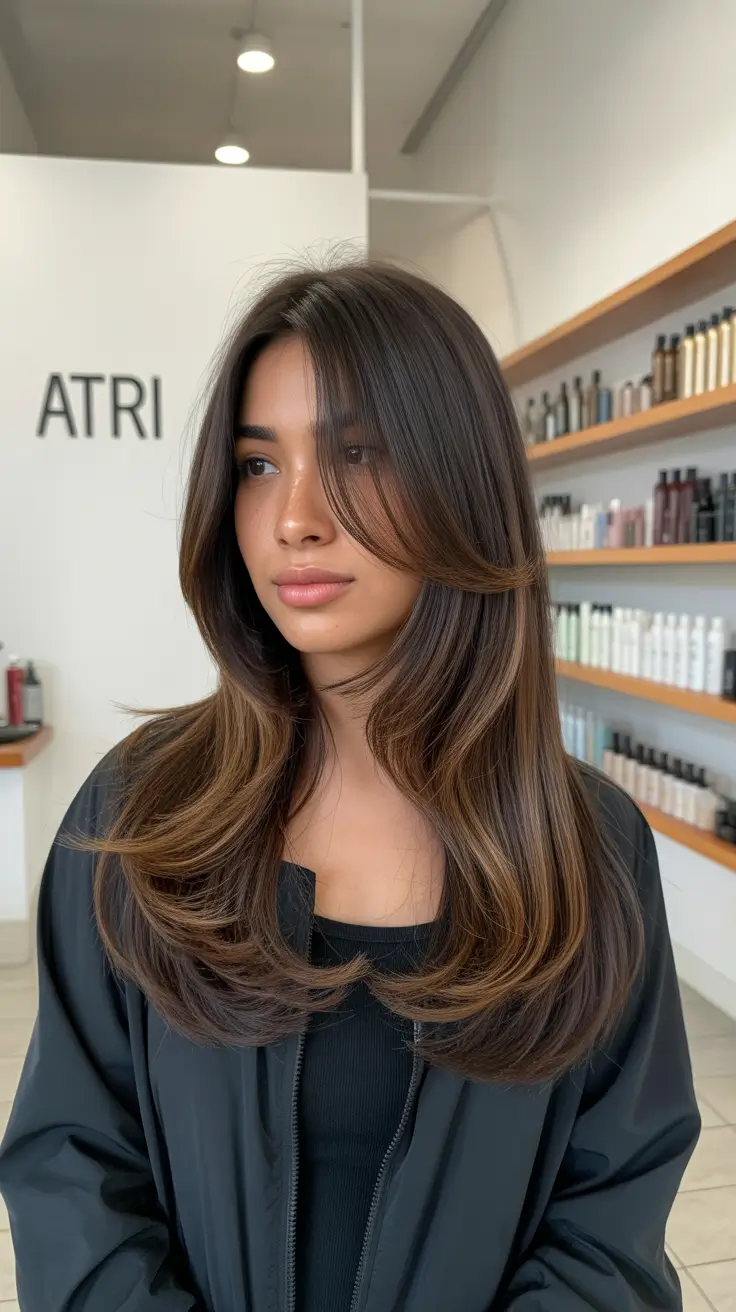 Stylish hairstyles for thin hair 2026 Layered Brunette Blowout with Movement