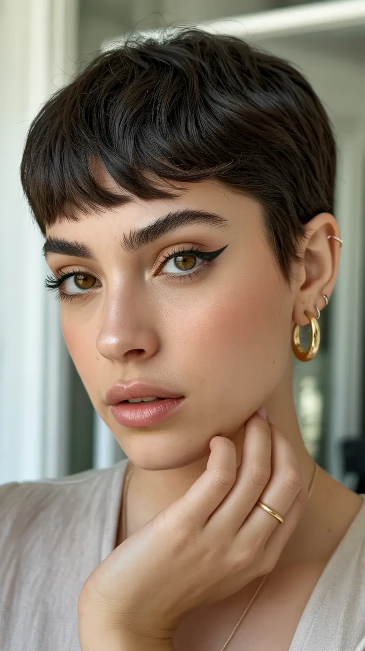 Stylish hairstyles for thin hair 2026 Edgy Textured Pixie with Short Bangs
