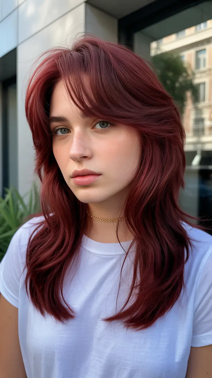 Stylish hairstyles for thin hair 2026 Cherry Auburn Waves with Face-Framing Layers