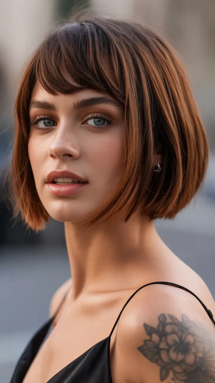 Stylish hairstyles for thin hair 2026 Rounded Copper Bob with Bangs