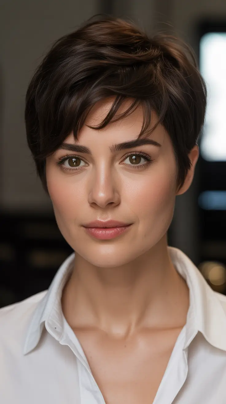 Stylish short haircuts 2026 Classic Dark Pixie with Soft Bangs