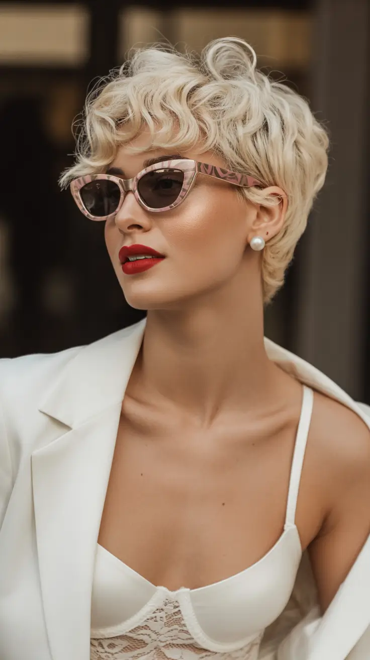 Stylish short haircuts 2026 Curly Blonde Pixie Glam