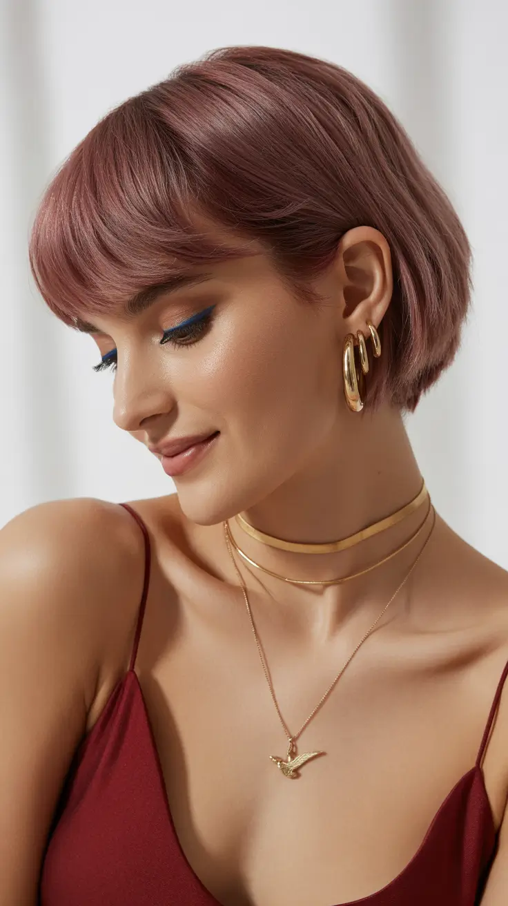 Stylish short haircuts 2026 Rose Mauve Pixie with Soft Bangs