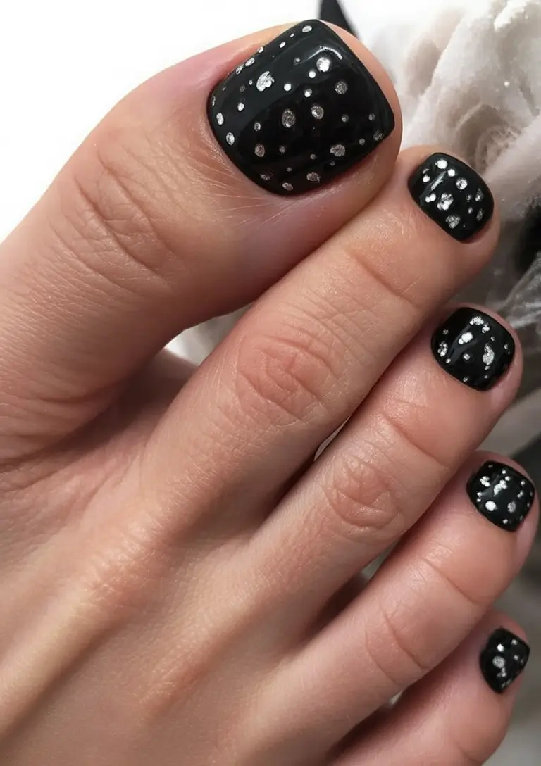 trending pedicure colors 2026 Black Night Sky With Silver Constellations