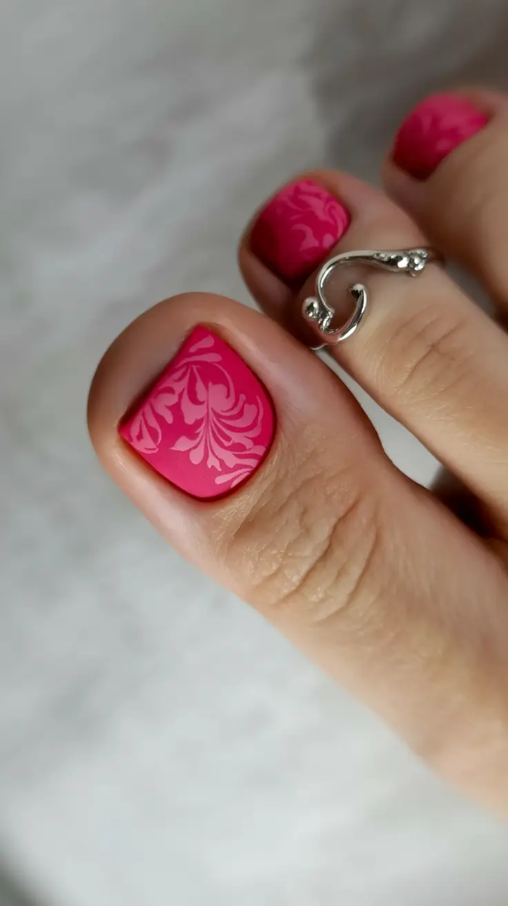 trending pedicure colors 2026 Rose Pink Matte With Damask-Inspired Detailing