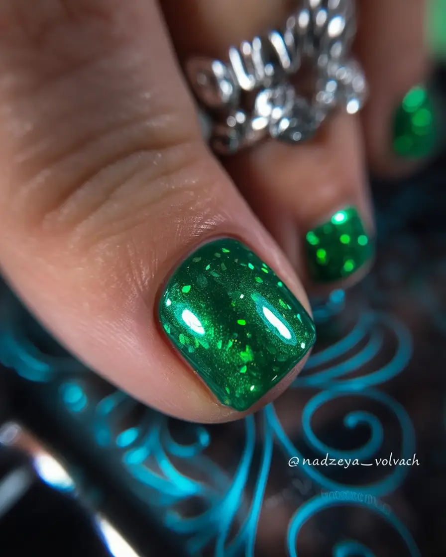 trending pedicure colors 2026 Emerald Gemstone Glitter for Festive, Pretty Brilliance