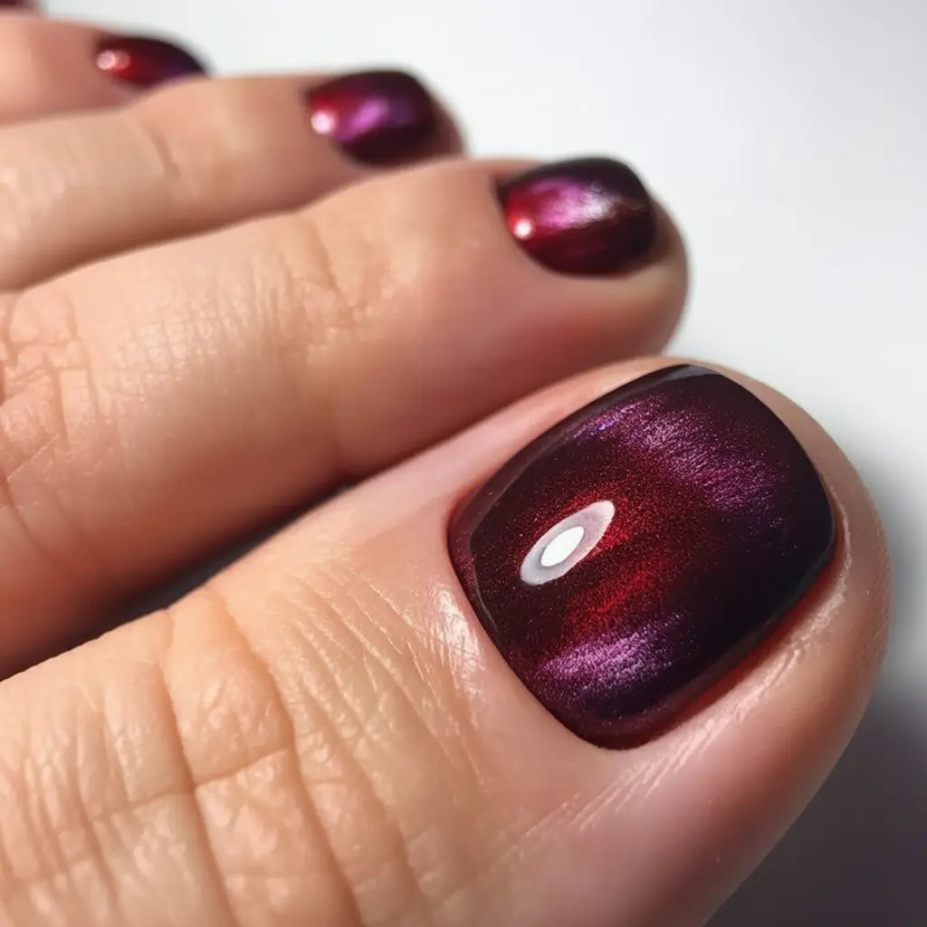 trending pedicure colors 2026 Dark Ruby Metallic for Chic, Dramatic Evenings