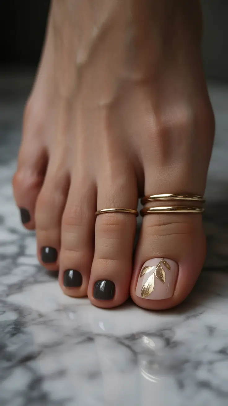 trending pedicure colors 2026 Matte Espresso Neutrals with Gold Leaf Accent