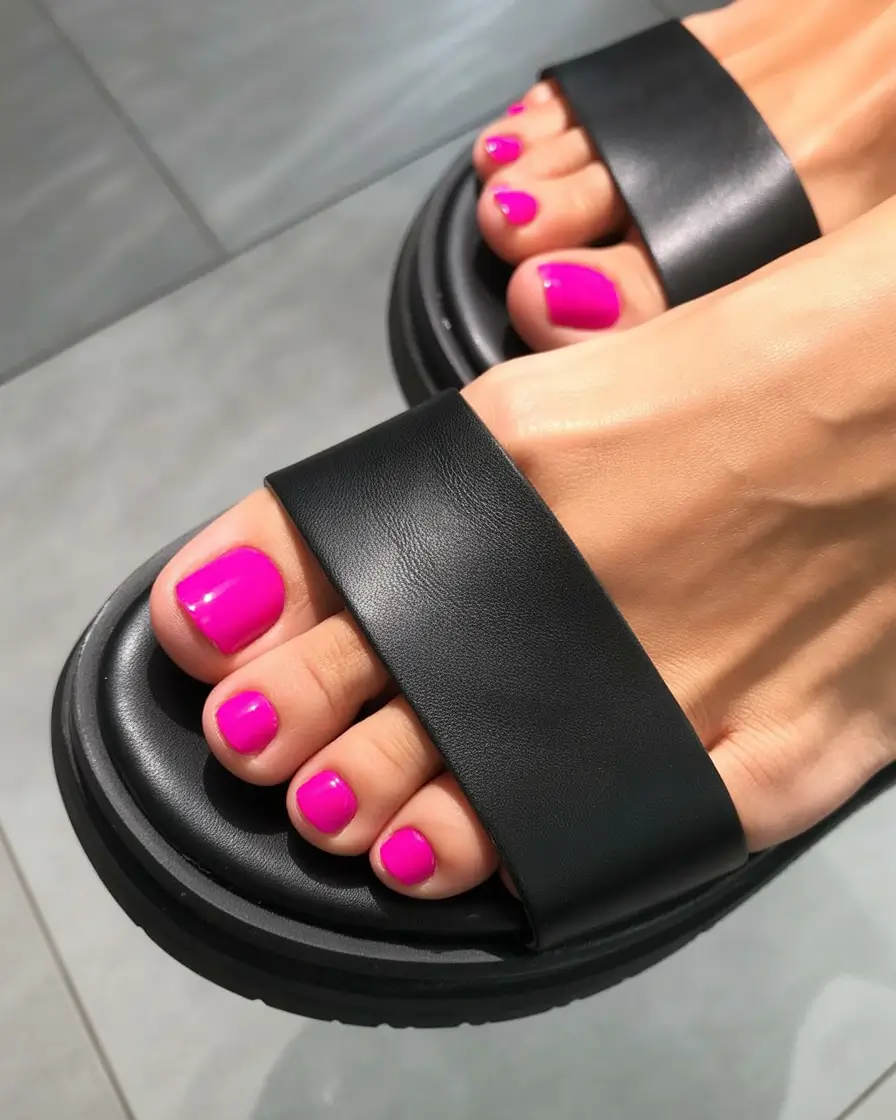 trending pedicure colors 2026 Glossy Hot Pink for Trendy, Pretty Summer Moments