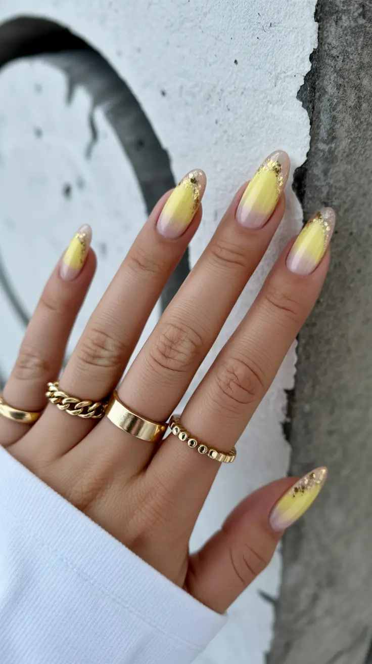 trendy acrylic nails 2026 Sunlit Yellow Almond Fade with Gold Dust