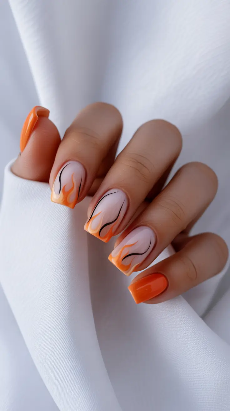 trendy acrylic nails 2026 Orange Flame Square Tips for Fiery Summer Moments