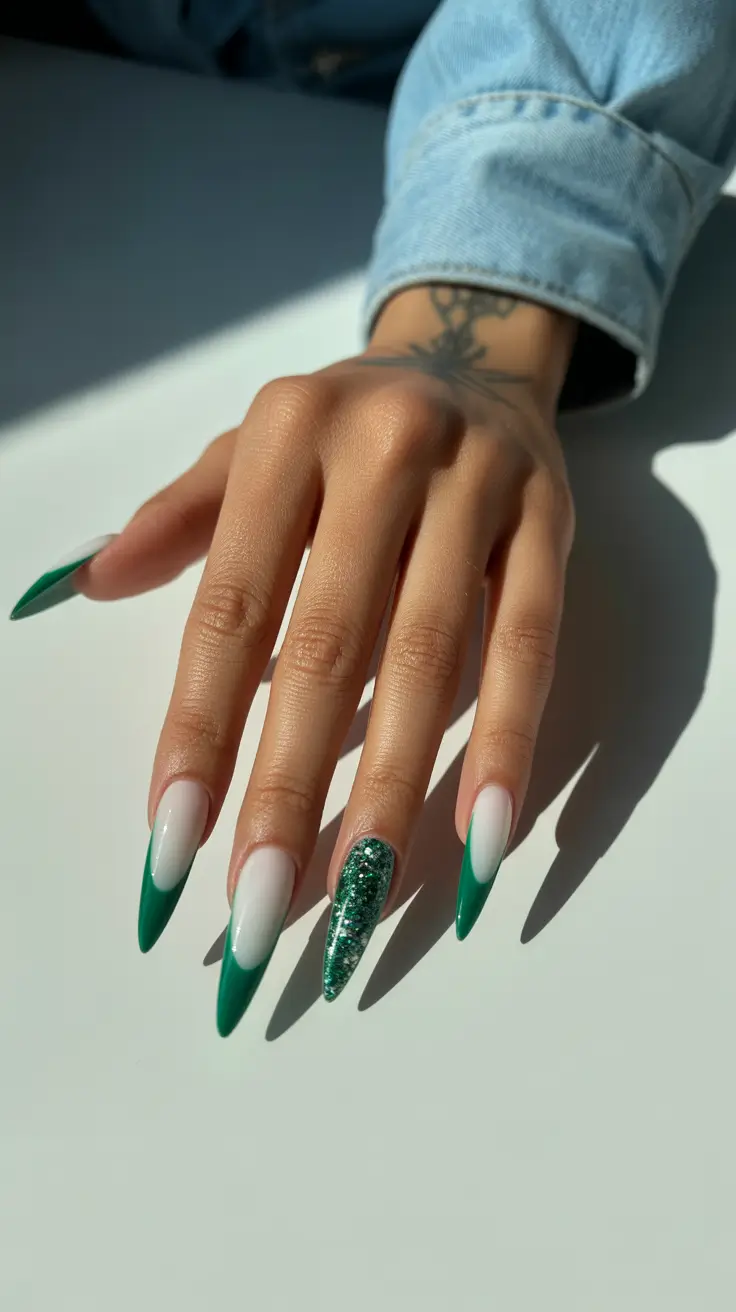 trendy acrylic nails 2026 Emerald French Stilettos with Glitter Accent