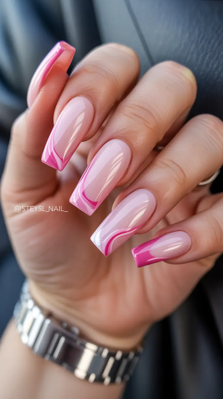 trendy acrylic nails 2026 Pink Contour French on Long Square Tips