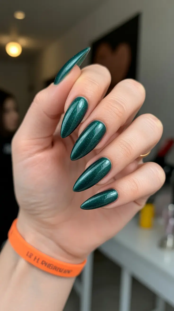 trendy acrylic nails 2026 Deep Forest Green Almond Gloss