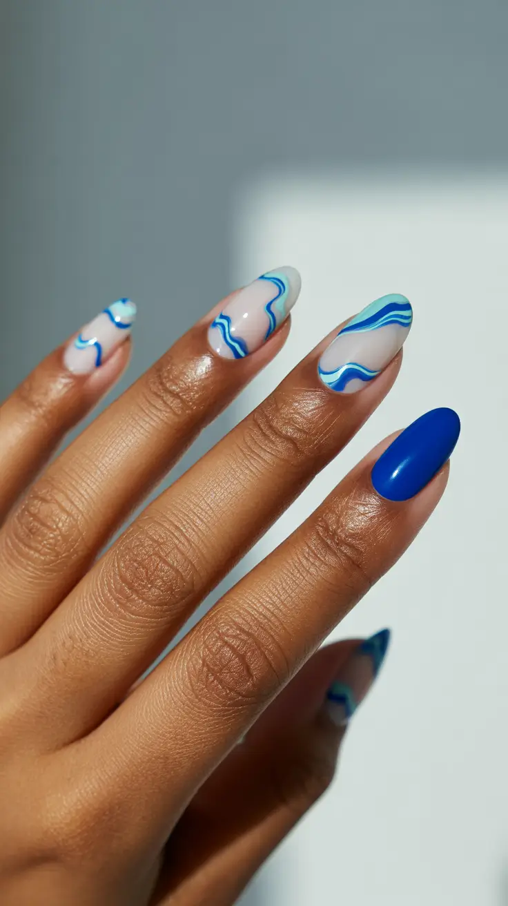 trendy acrylic nails 2026 Ocean Wave Abstract Blue Strokes