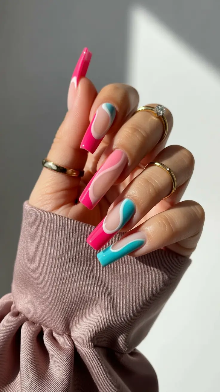 trendy acrylic nails 2026 Hot Pink and Blue Retro Swirl Coffin Set