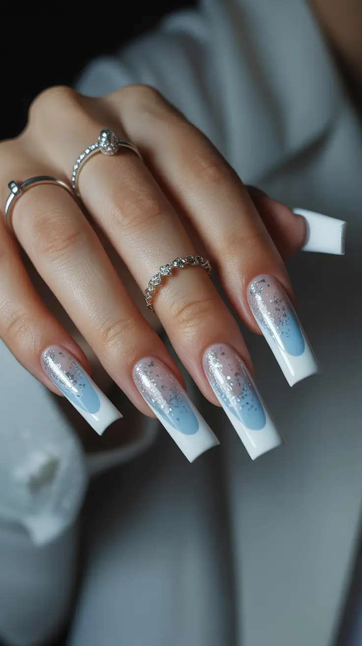 trendy acrylic nails 2026 Frosted Blue Sparkle French on Long Coffin Tips