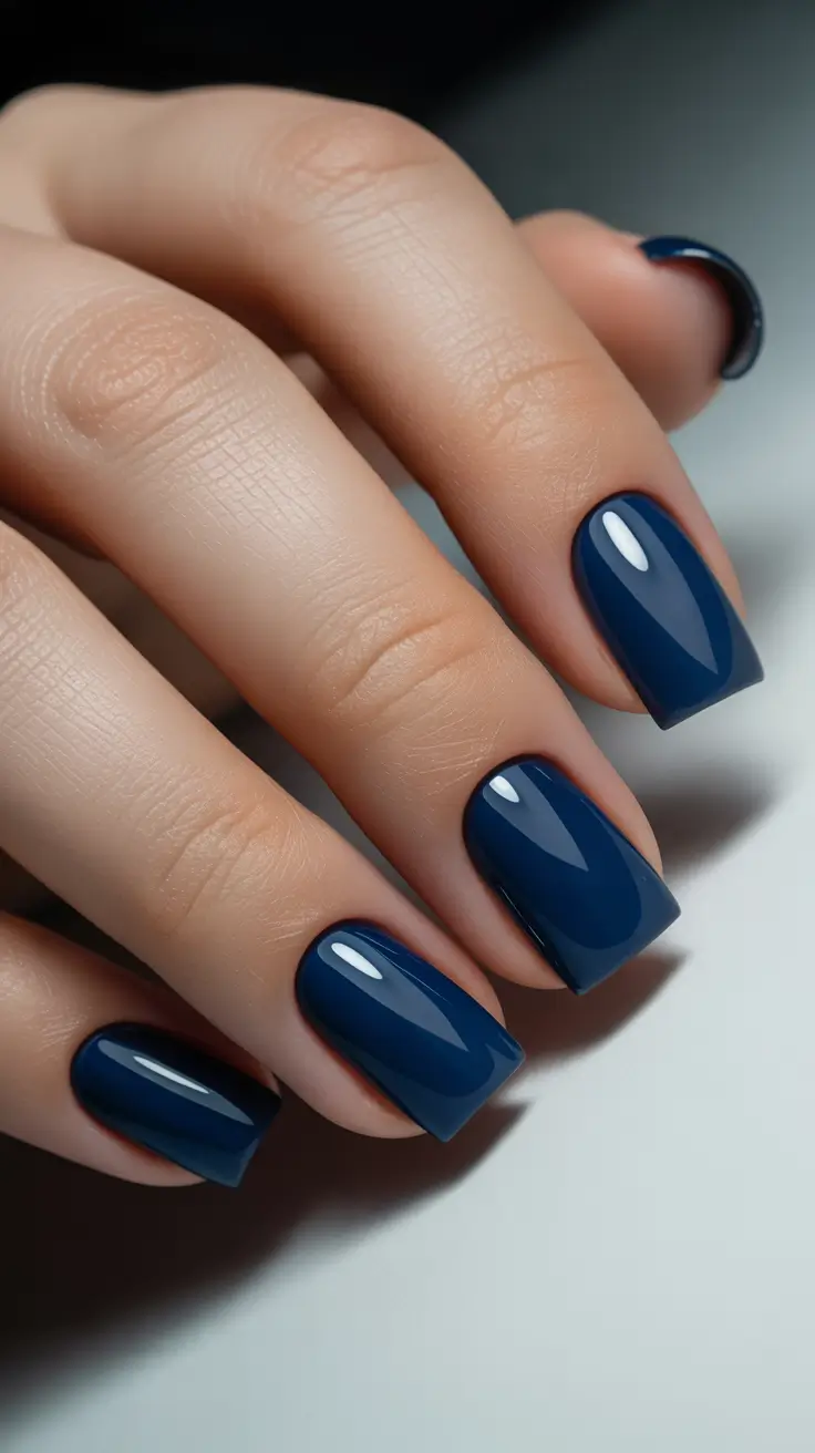 trendy acrylic nails 2026 Ink-Blue Gloss on Short Square Nails