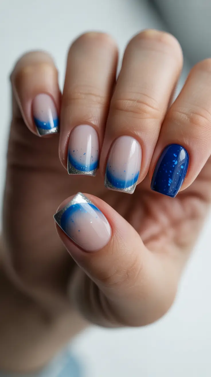 trendy acrylic nails 2026 Blue Ombre French with Silver Edges and Galaxy Accent