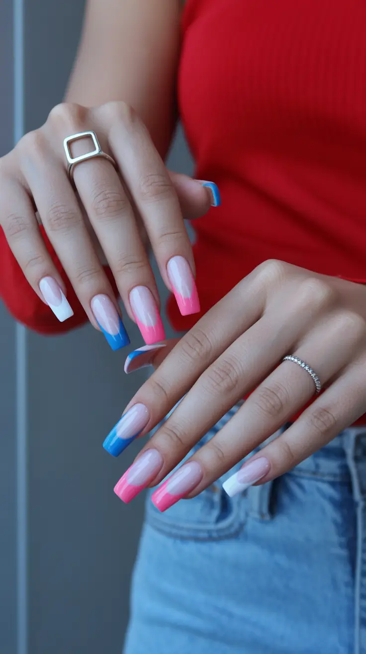 trendy acrylic nails 2026 Sunset-Pop Multicolor French Coffin Tips