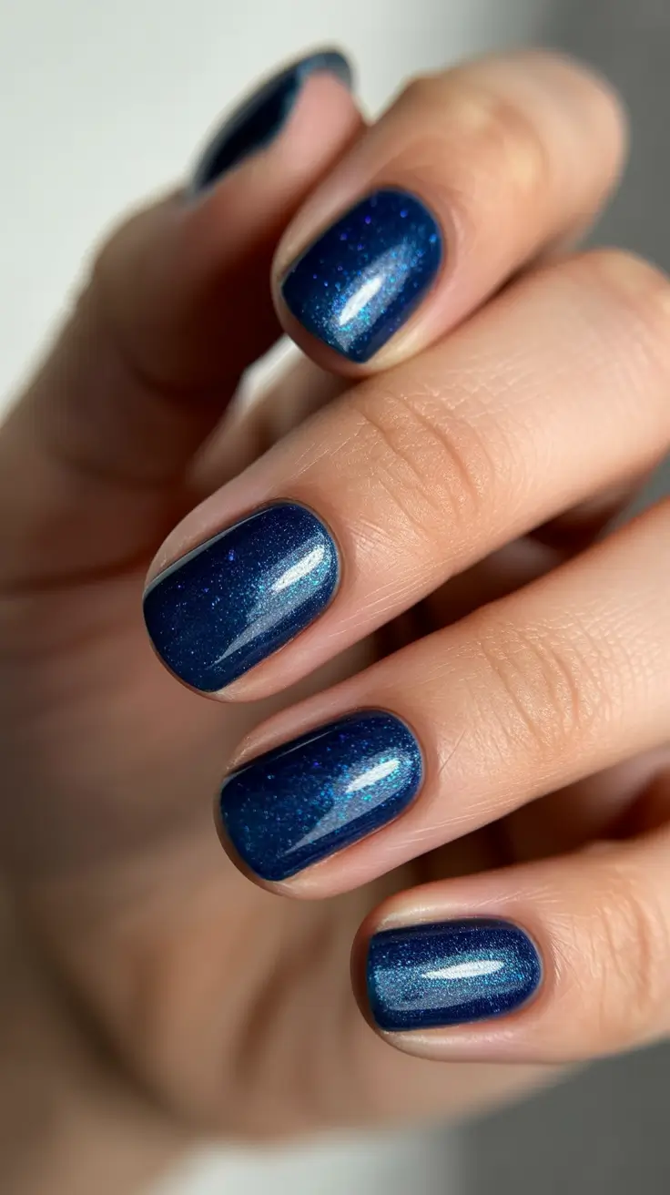 trendy acrylic nails 2026 Deep Midnight Blue Sparkle on Short Round Nails