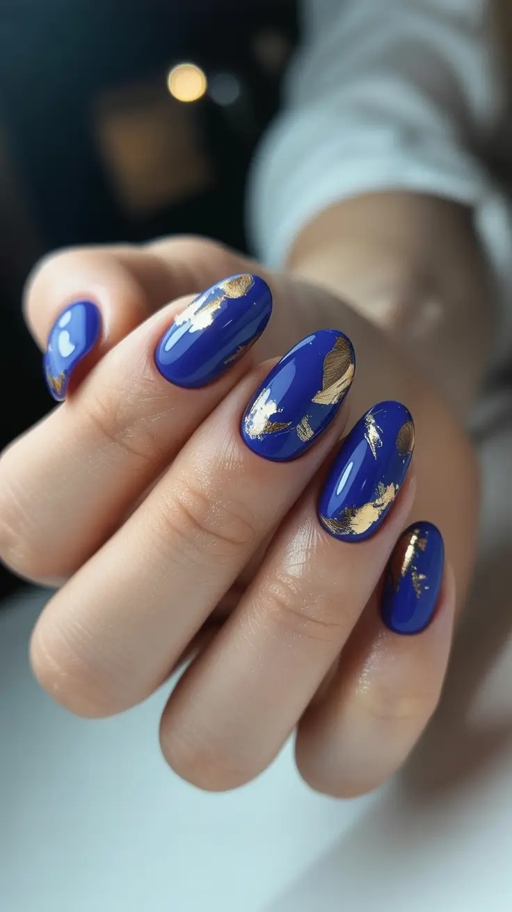 trendy acrylic nails 2026 Royal Blue Almond Nails with Gold Leaf Accents
