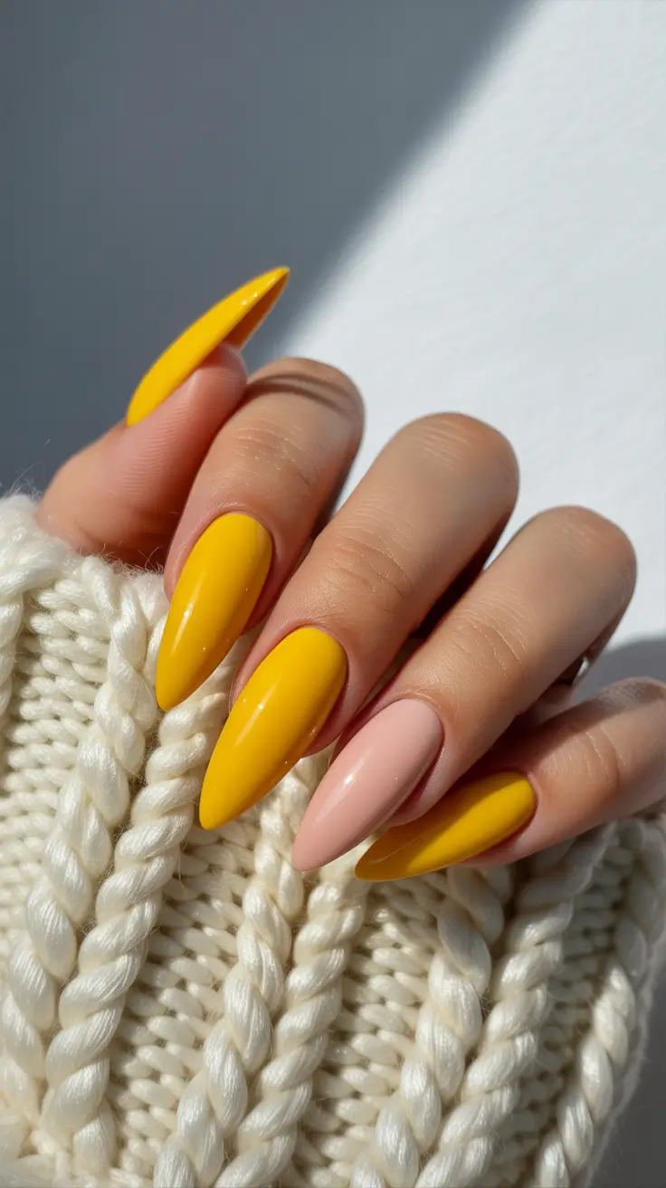 trendy acrylic nails 2026 Sunny Yellow and Soft Nude Almond Blend