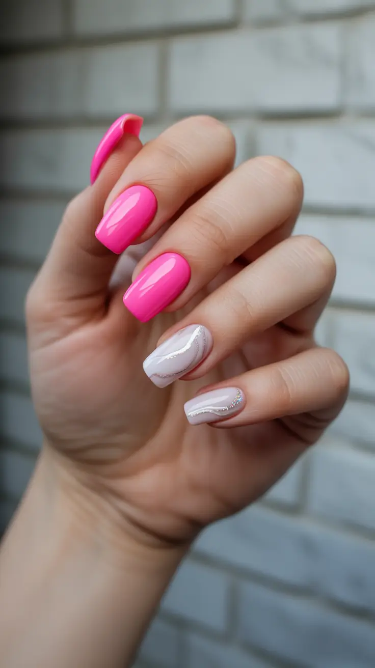 trendy acrylic nails 2026 Hot Pink Gloss with Soft Shimmer Accent Waves