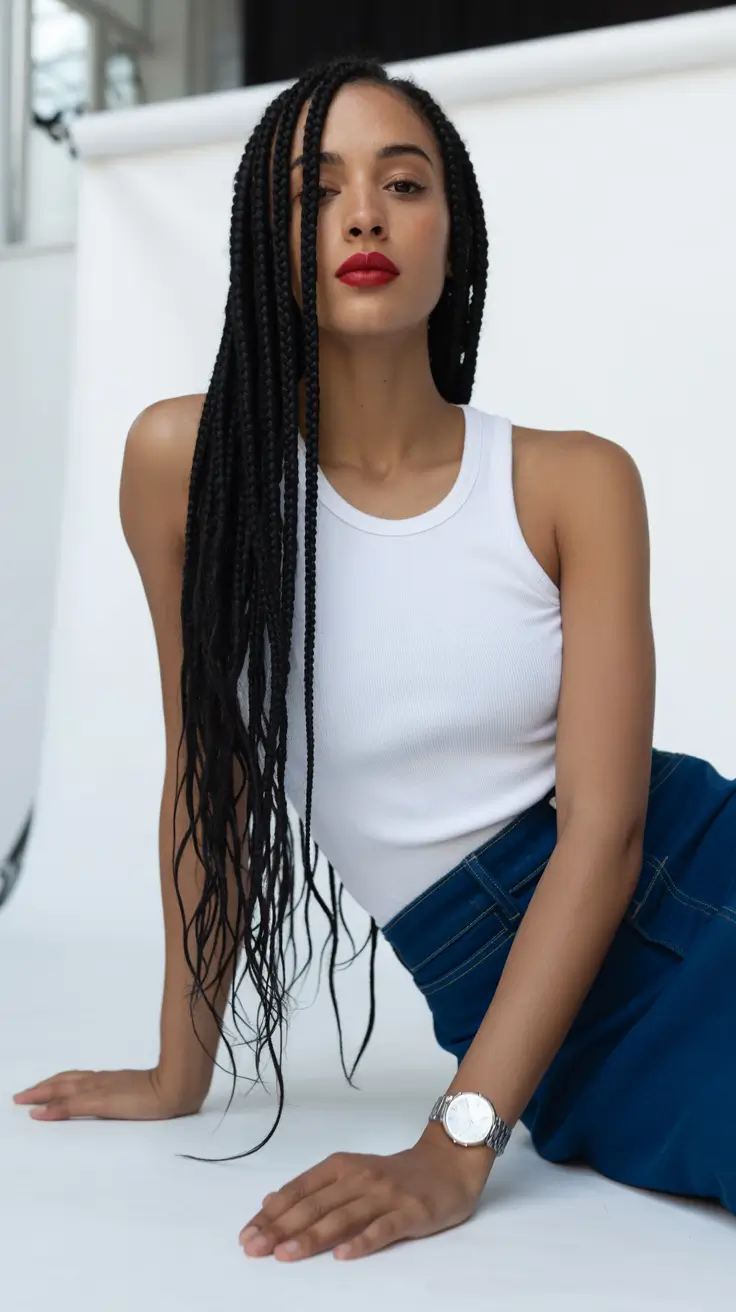 Trendy braid hairstyle ideas 2026 Long Knotless Box Braids with Modern Glam