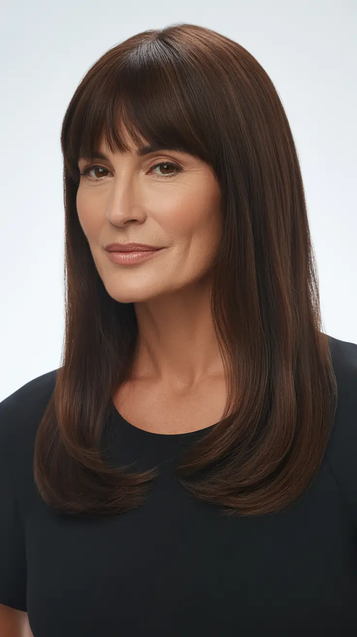 Trendy haircuts for women over 40 2026 Long Straight With Bangs
