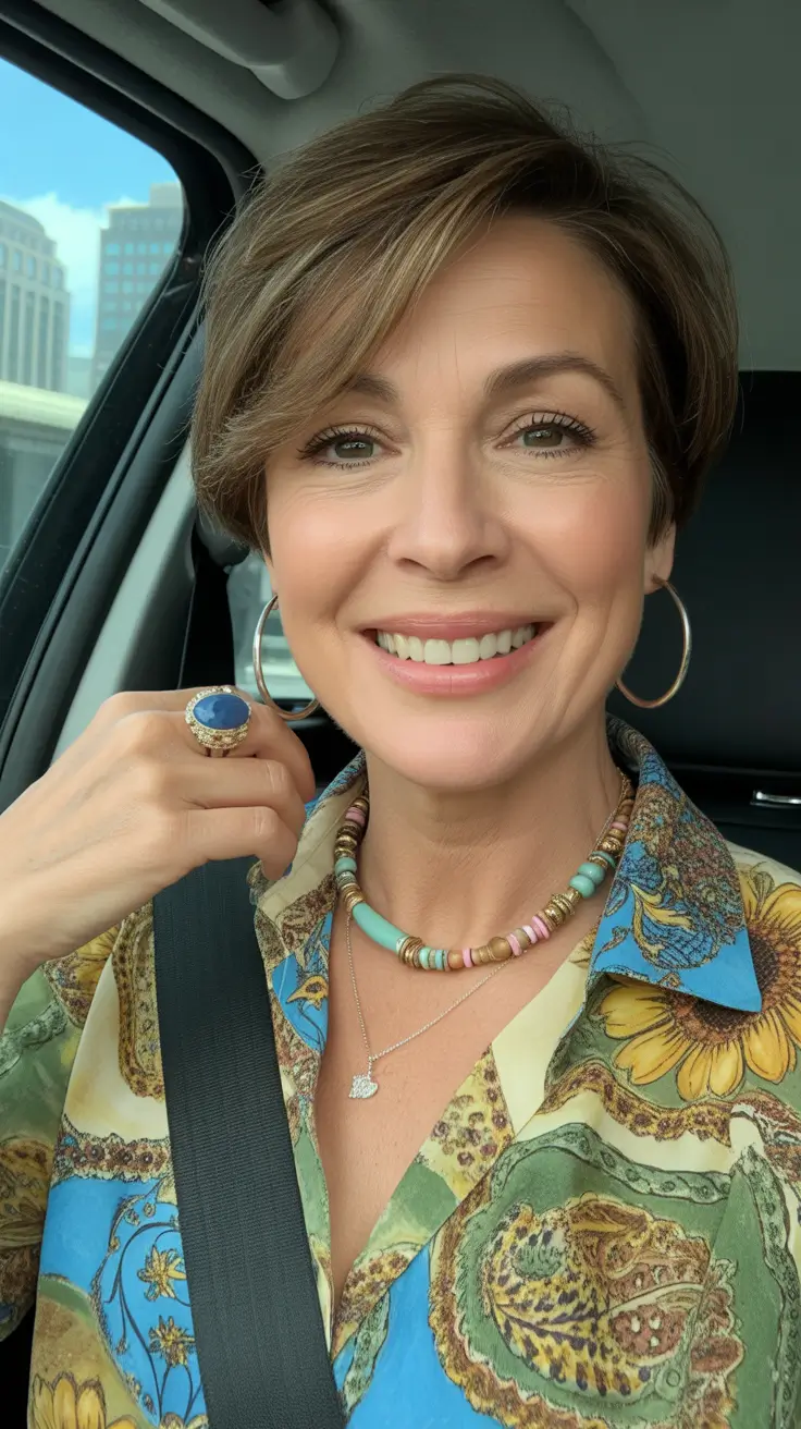 Trendy haircuts for women over 50 2026 Textured Short Pixie With Warm Highlights