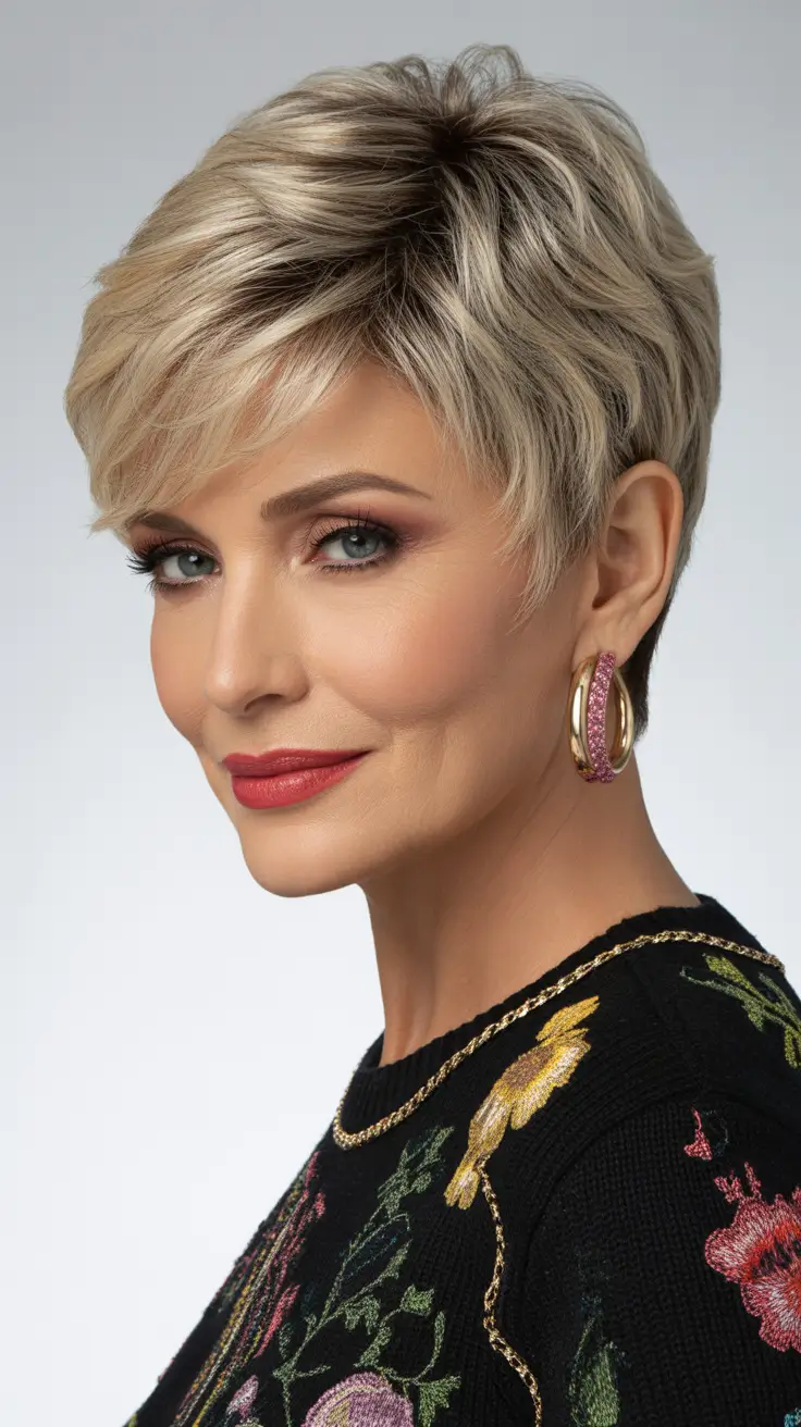 Trendy haircuts for women over 50 2026 Textured Blonde Pixie With Layered Dimension