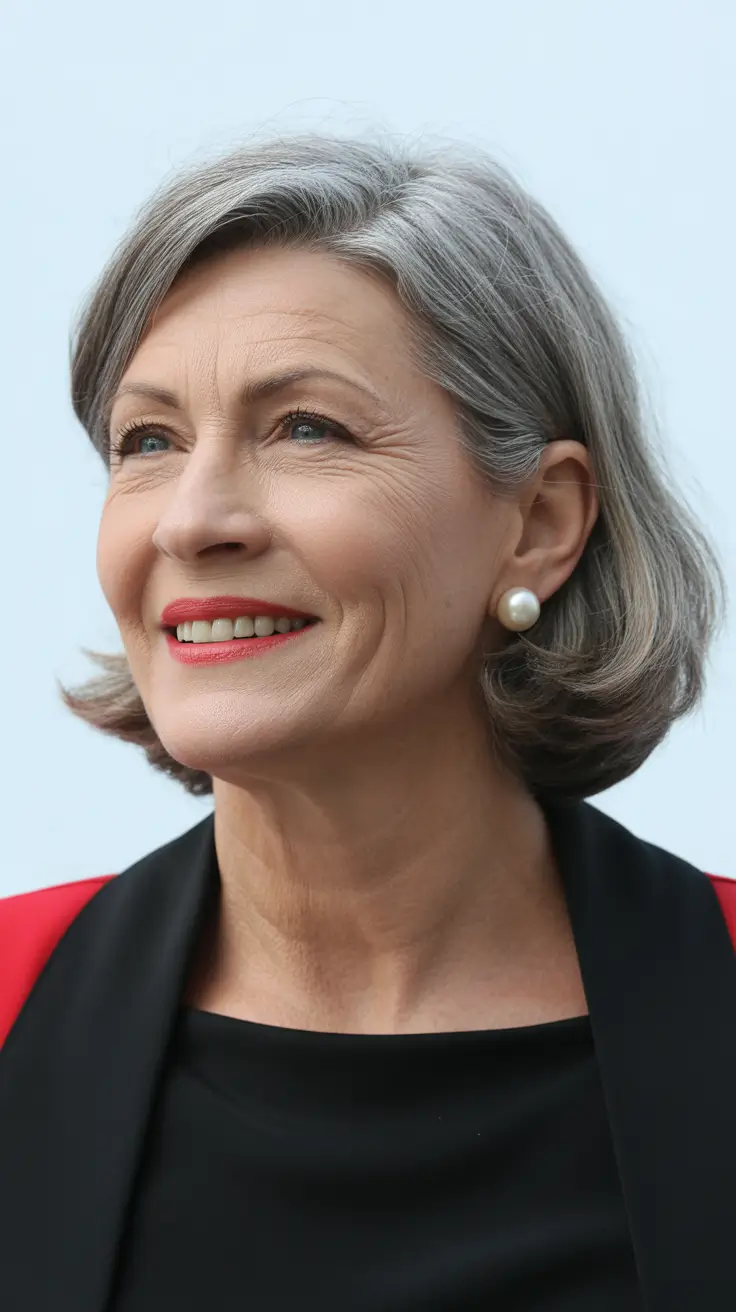 Trendy haircuts for women over 50 2026 Refined Silver Bob With Classic Side Part
