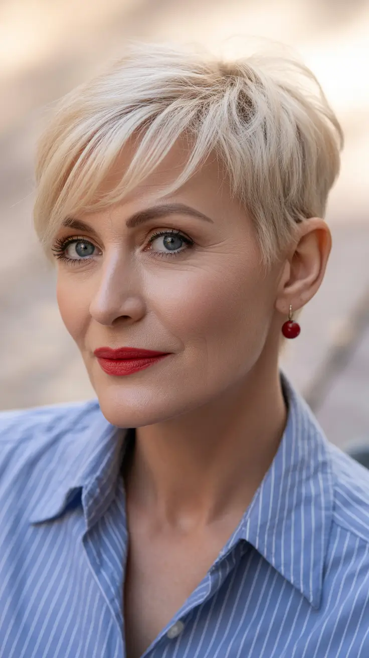 Trendy haircuts for women over 50 2026 Feathered Platinum Pixie With Soft Side Fringe