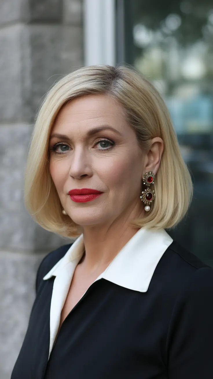 Trendy haircuts for women over 50 2026 Polished Classic Bob With Elegant Smooth Finish