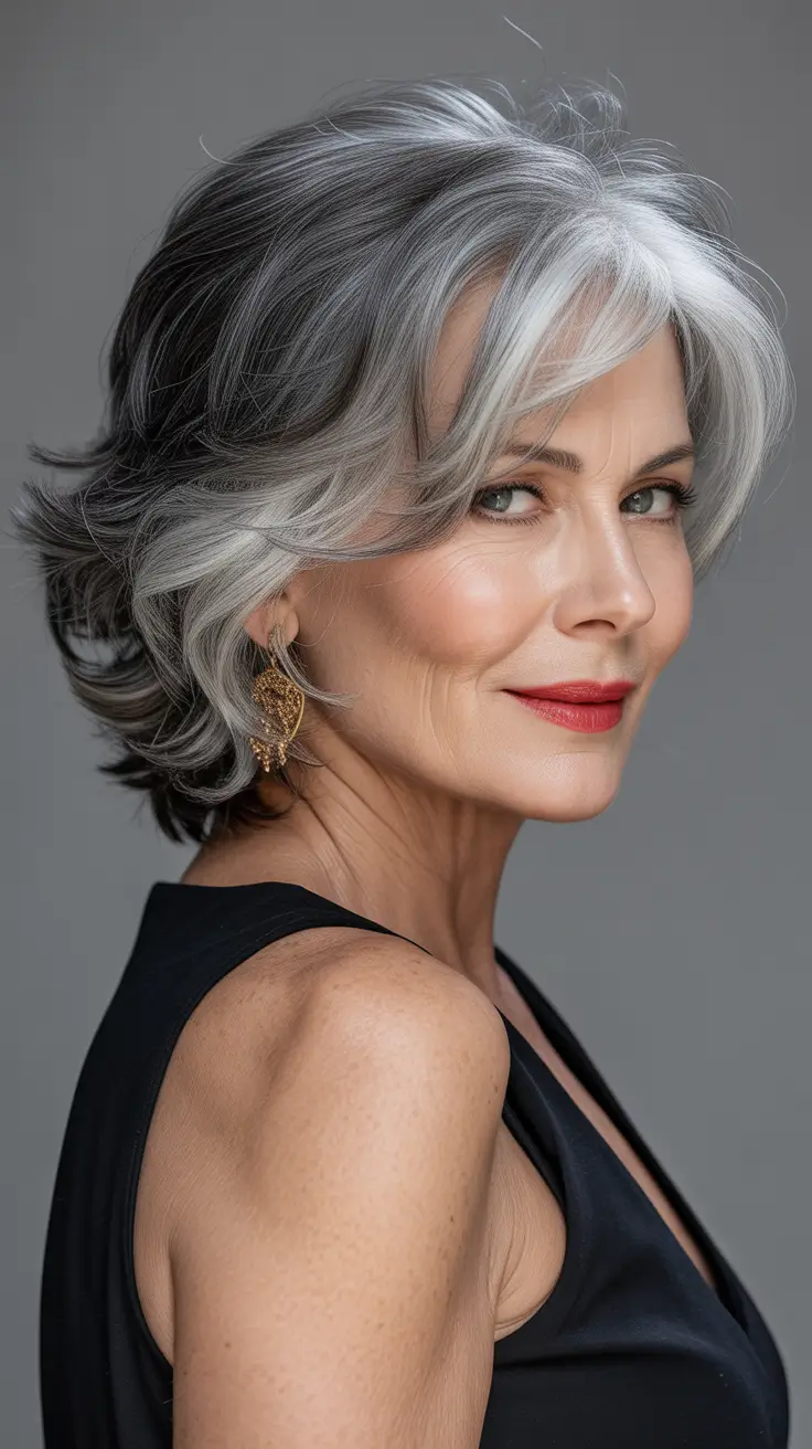 Trendy haircuts for women over 50 2026 Silver Layered Shag With Playful Face Framing