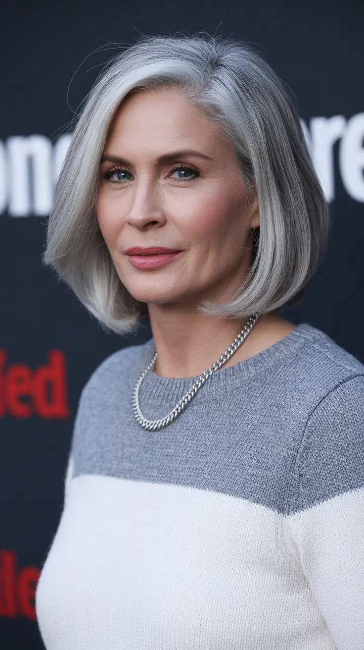 Trendy haircuts for women over 50 2026 Refined Silver Lob With Soft Sweeping Part