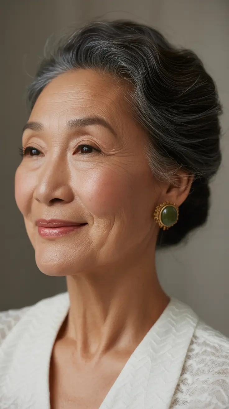 Trendy haircuts for women over 50 2026 Sophisticated Updo With Natural Silver Dimension