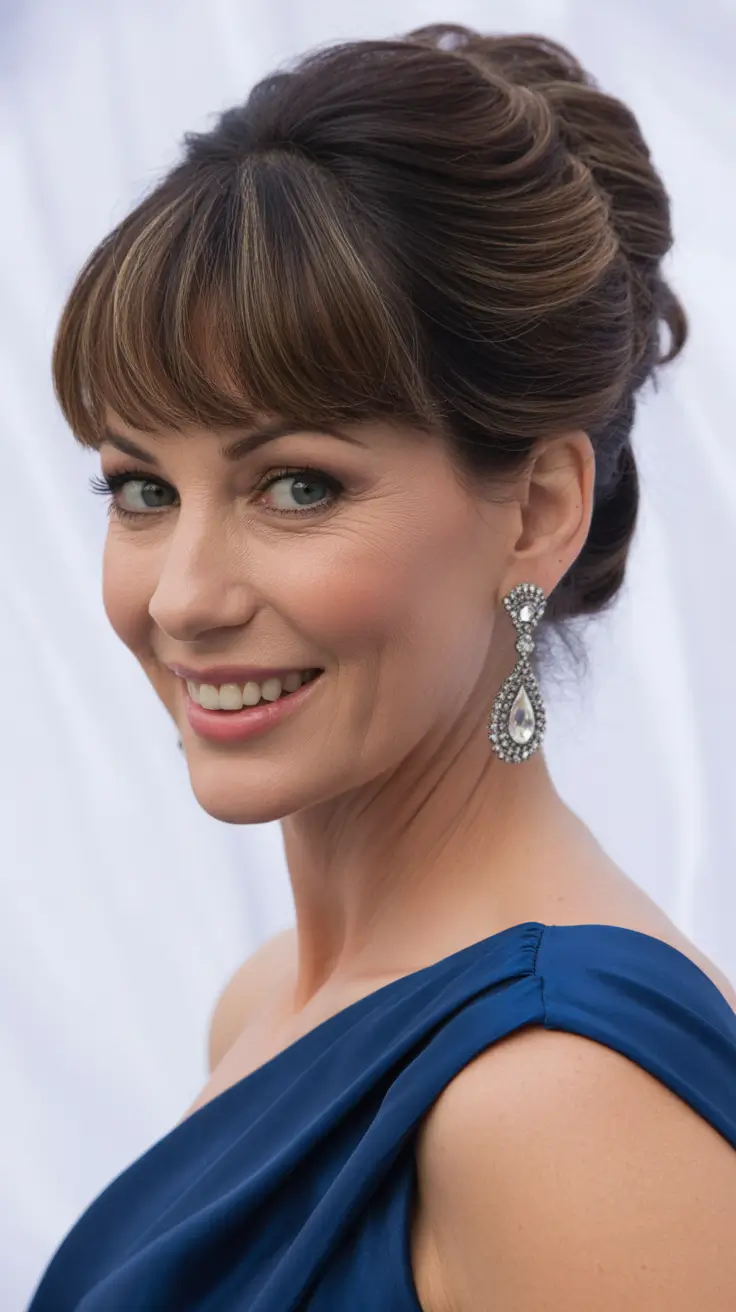 Trendy haircuts for women over 50 2026 Classic Updo With Soft Bangs for Timeless Polish