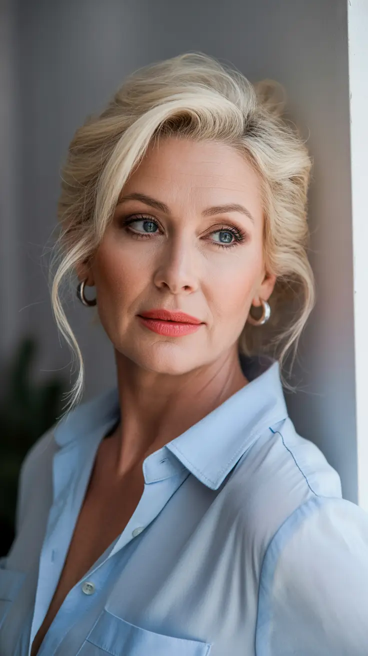 Trendy haircuts for women over 50 2026 Soft Blonde Updo With Side Volume