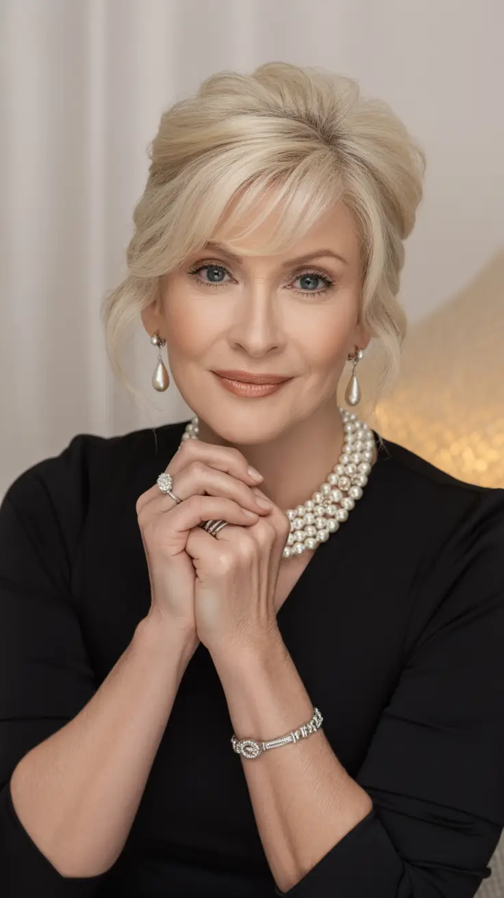 Trendy haircuts for women over 50 2026 Classic Blonde Updo With Wispy Bangs