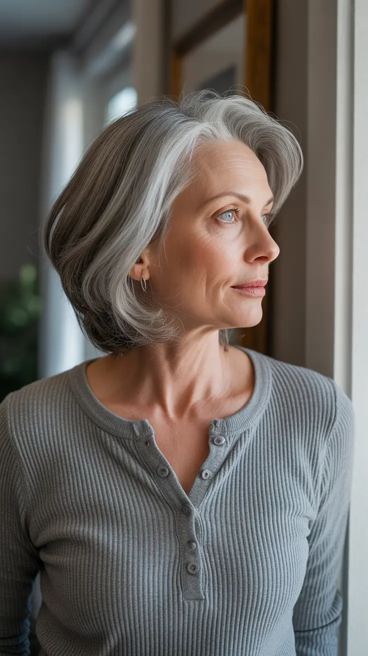 Trendy haircuts for women over 50 2026 Silver Volume Bob With Face-Framing Layers