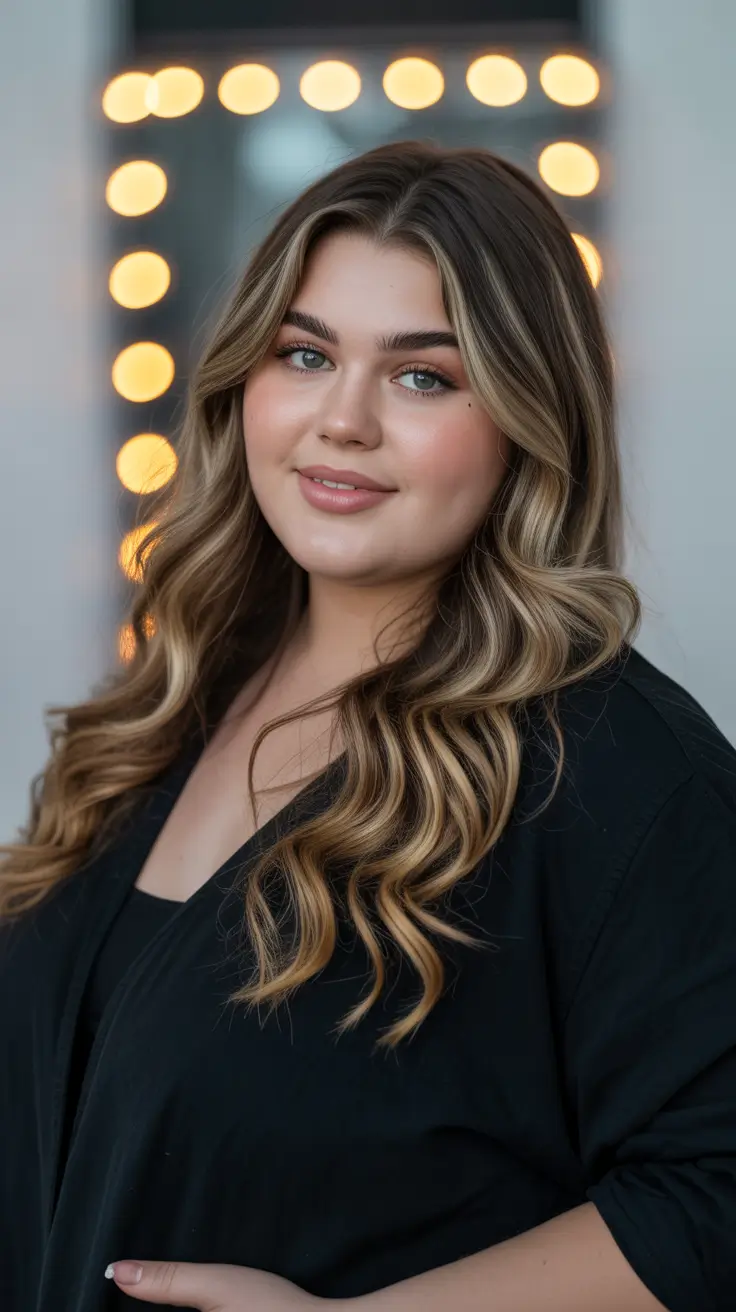 Trendy hairstyles for plus size women 2026 Golden Ribbon Waves With Soft Center Part