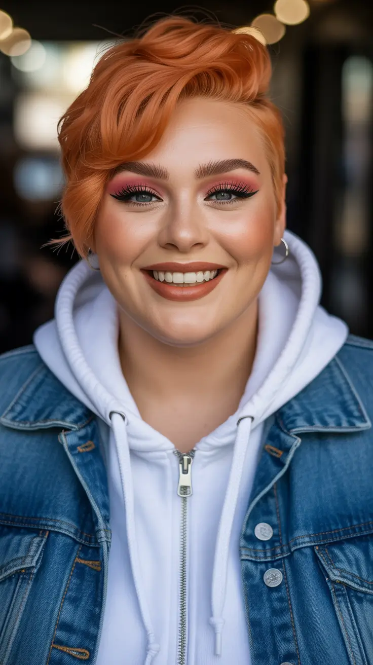 Trendy hairstyles for plus size women 2026 Peach-Toned Long Pixie With Textured Wave