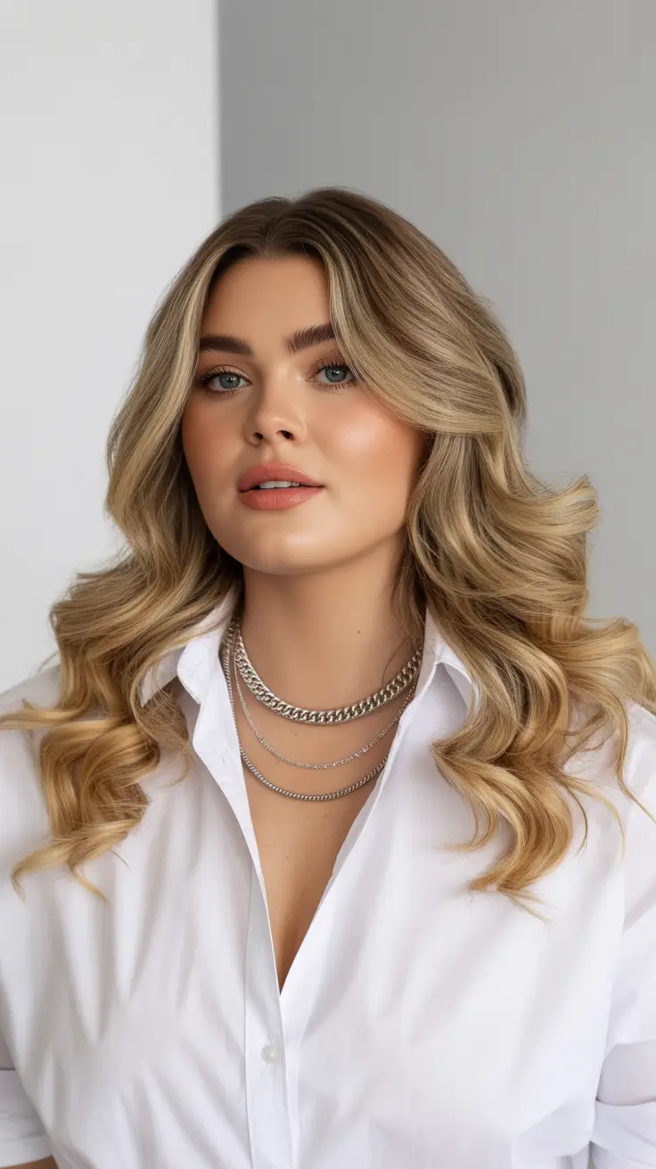 Trendy hairstyles for plus size women 2026 Hollywood-Inspired Blonde Layers With Face Contour