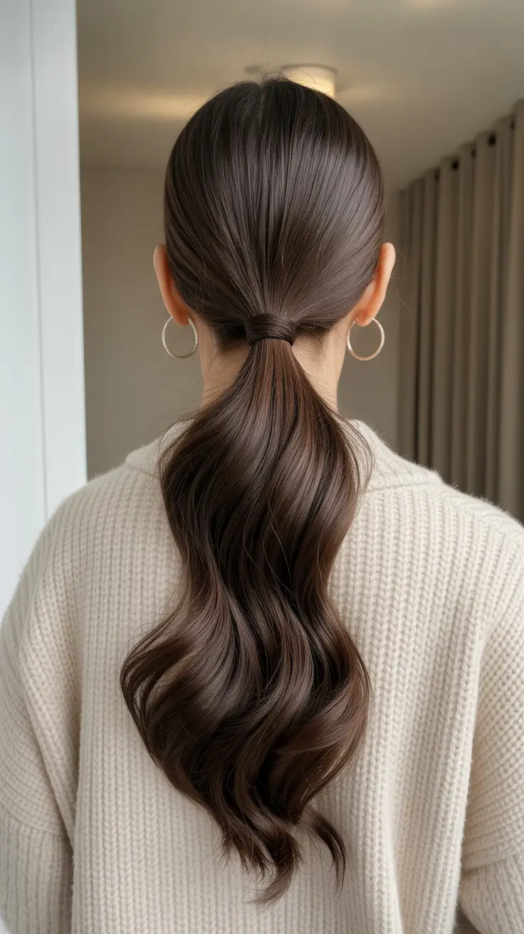 Trendy ponytail hairstyle ideas 2026 Soft Low Waves With a Wrapped Base